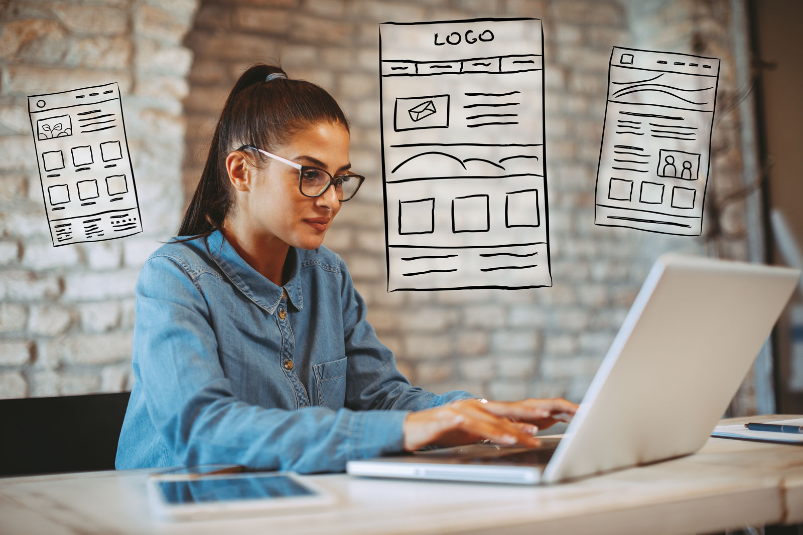 woman with glasses working on computer surrounded by wireframe drawings of websites